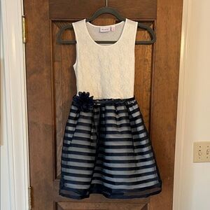 Children's Place dress - white top and a navy blue striped mesh skirt. 10/12